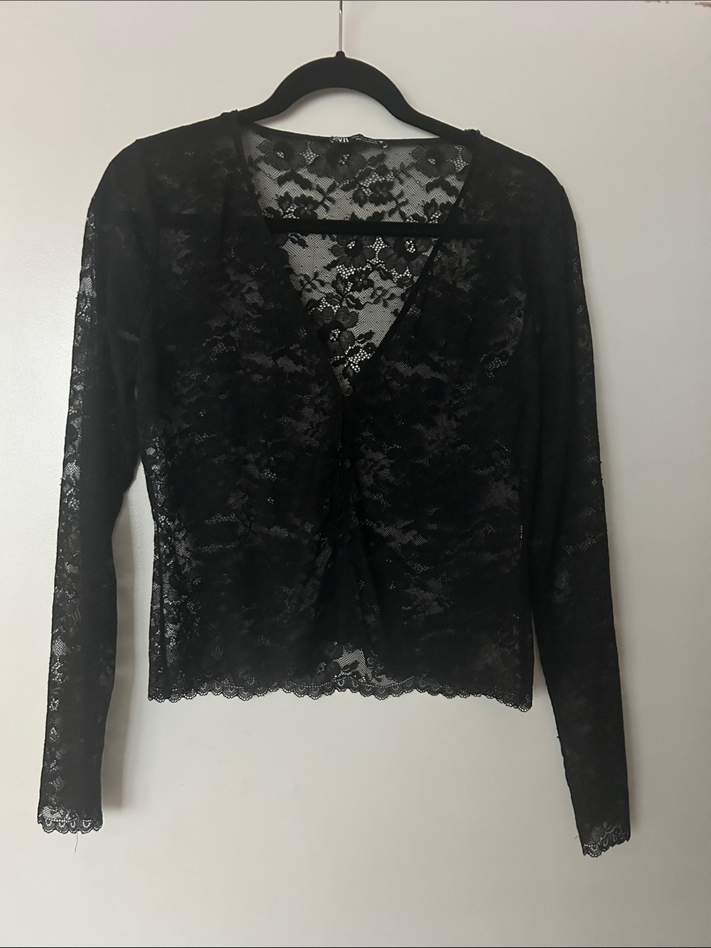 Zara Black Sheer Lace V-Neck Long Sleeve Top